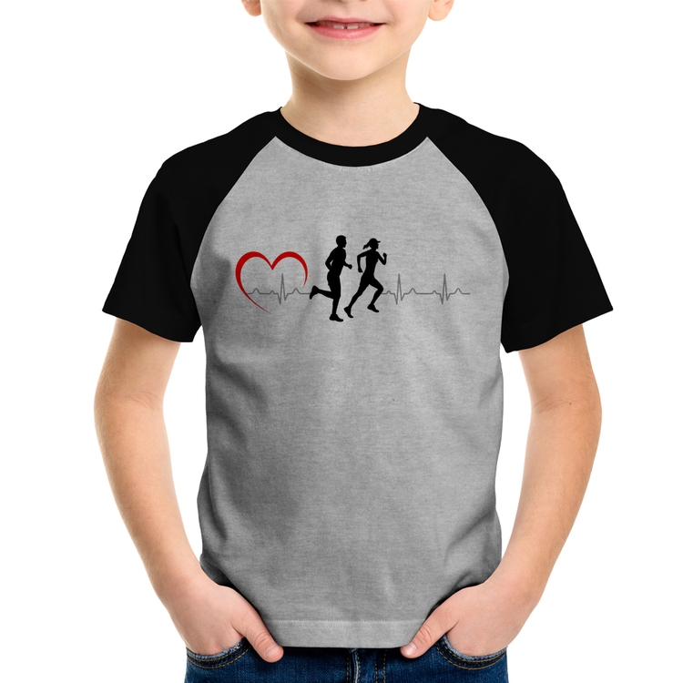 Camiseta Raglan Infantil Batimentos Cardíacos Corrida Coração - Cinza/Preto