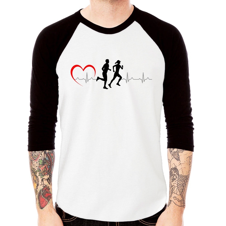 Camiseta Raglan Batimentos Cardíacos Corrida Coração Manga 3/4