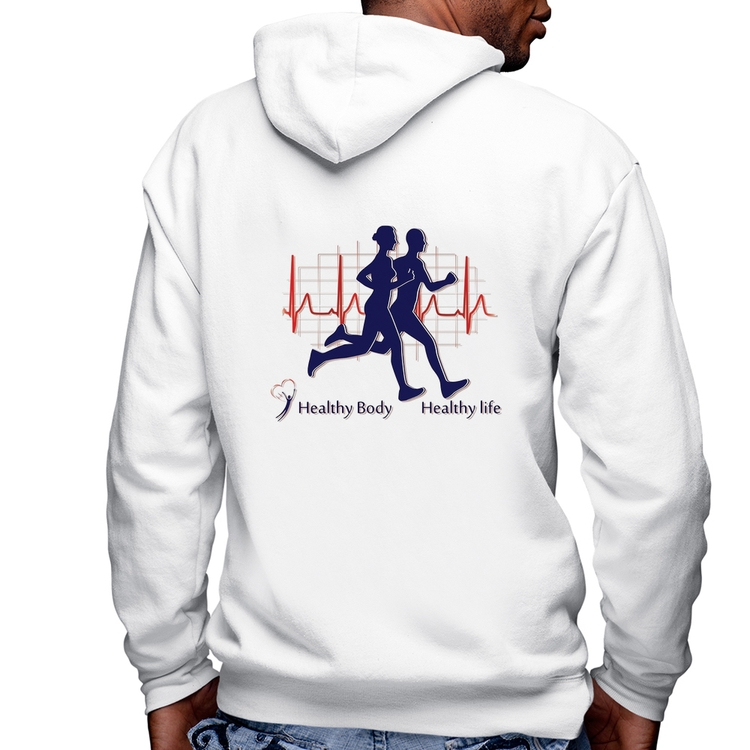 Blusa Moletom Batimentos Cardíacos Corrida Masculina com Capuz e Zíper - Branca