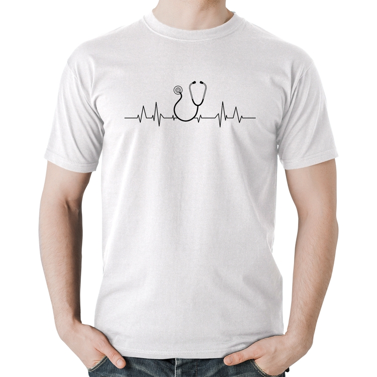 Camiseta Algodão Batimentos Cardíacos Estetoscópio Medicina - Branca