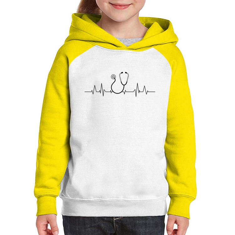 Moletom Infantil Batimentos Cardíacos Estetoscópio Medicina - Branco/Amarelo