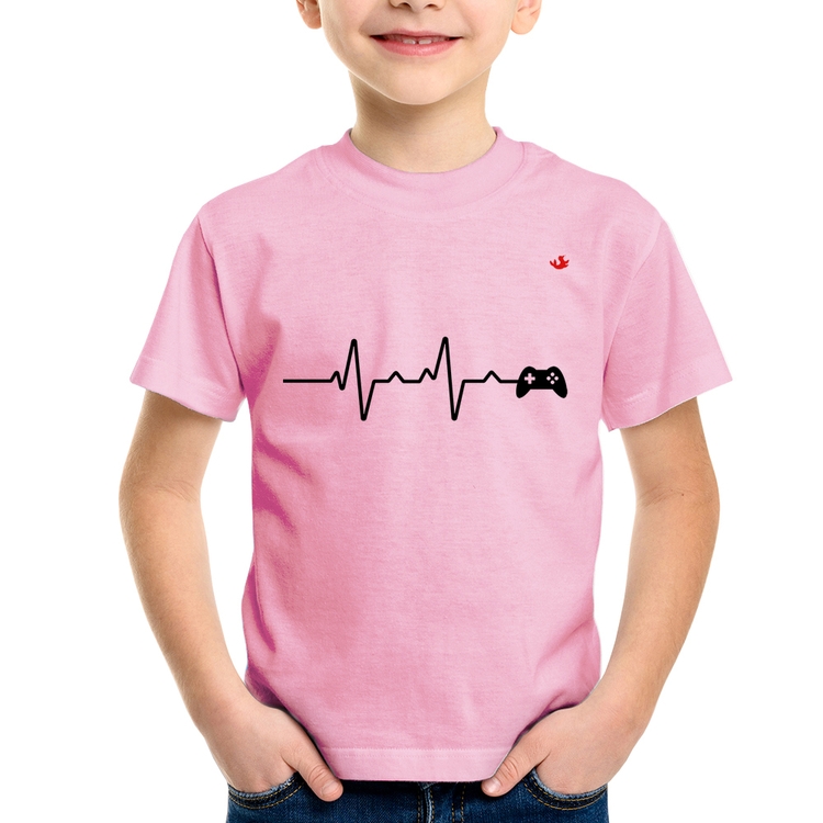 Camiseta Infantil Batimentos Cardíacos Gamer - Rosa Bebê