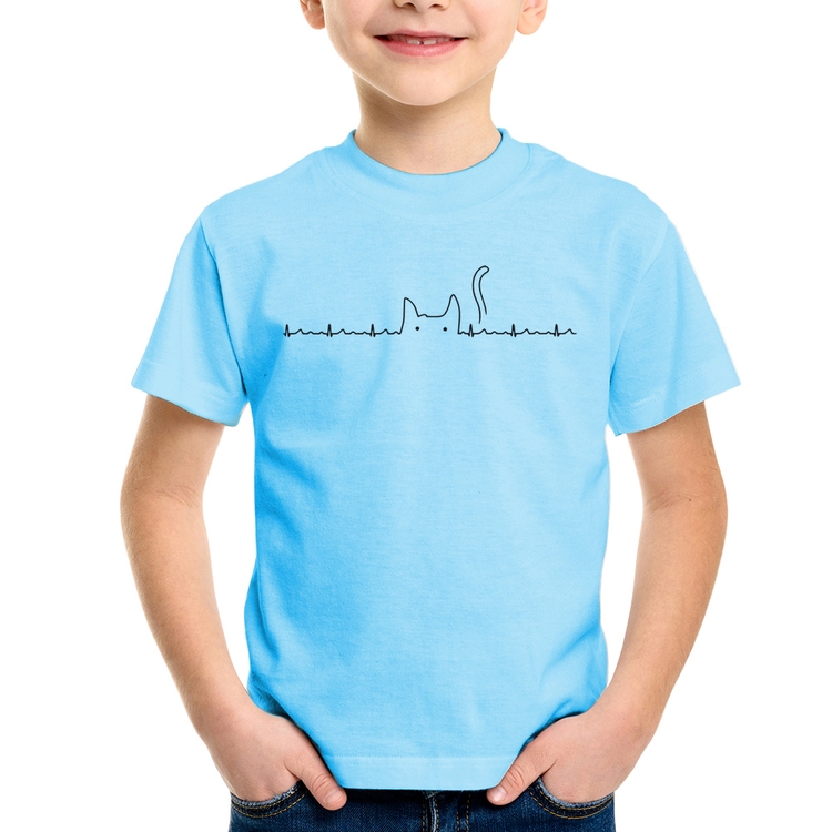 Camiseta Infantil Batimentos Cardíacos Gato - Azul Bebê
