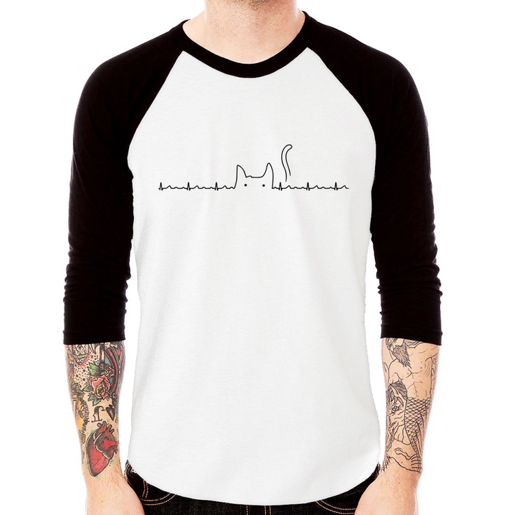 Camiseta Raglan Batimentos Cardíacos Gato Manga 3/4