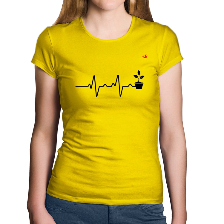 Baby Look Algodão Batimentos Cardíacos Plantinhas - Amarela