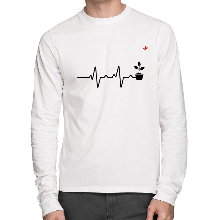 Camiseta Algodão Batimentos Cardíacos Plantinhas Manga Longa - Branca