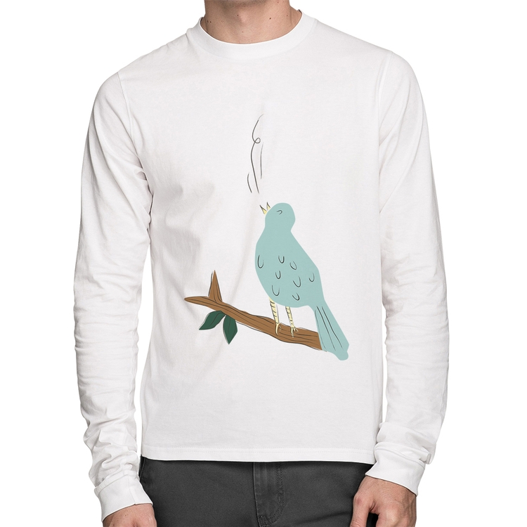Camiseta Algodão Passarinho Cantando Manga Longa - Branca