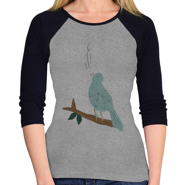 Baby Look Raglan Passarinho Cantando Manga 3/4 - Cinza/Preto