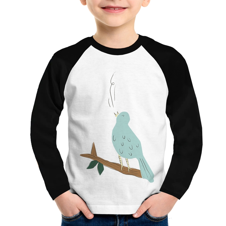 Camiseta Raglan Infantil Passarinho Cantando Manga Longa