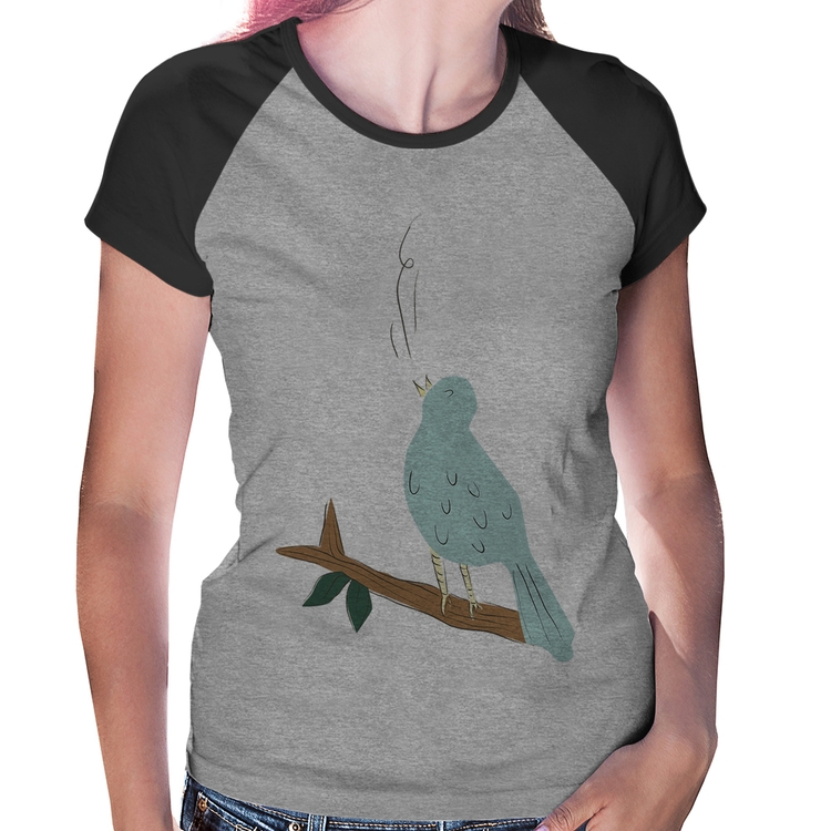 Baby Look Raglan Passarinho Cantando - Cinza/Preto