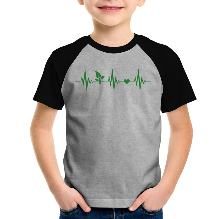 Camiseta Raglan Infantil Batimentos Vegano - Cinza/Preto
