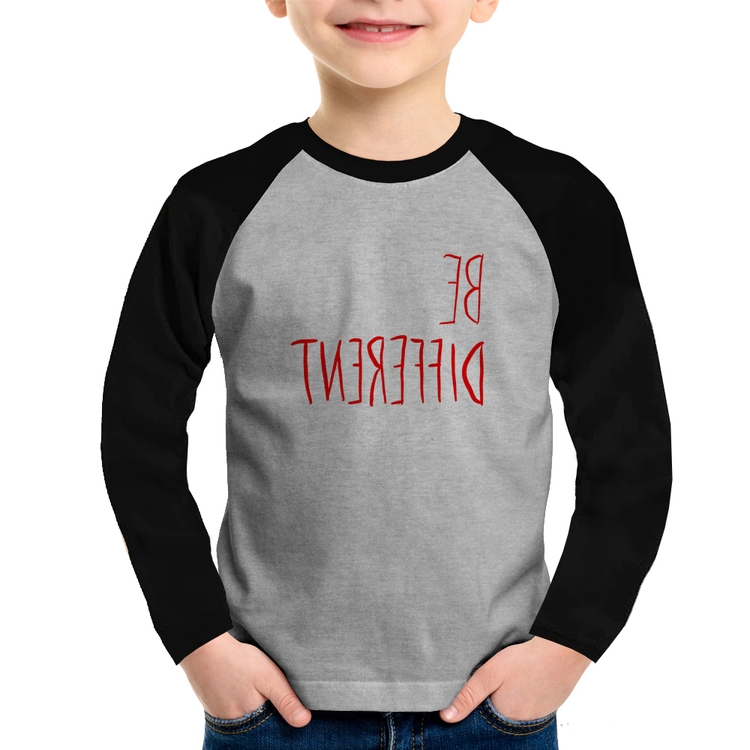 Camiseta Raglan Infantil Be Different (Seja diferente) Manga Longa - Cinza/Preto