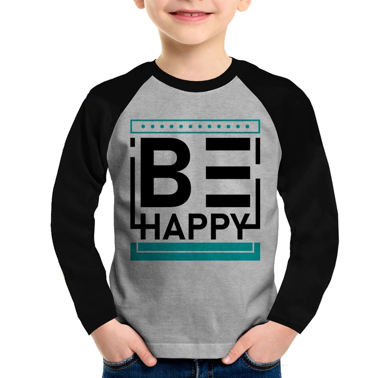 Camiseta Raglan Infantil Be Happy Manga Longa - Cinza/Preto