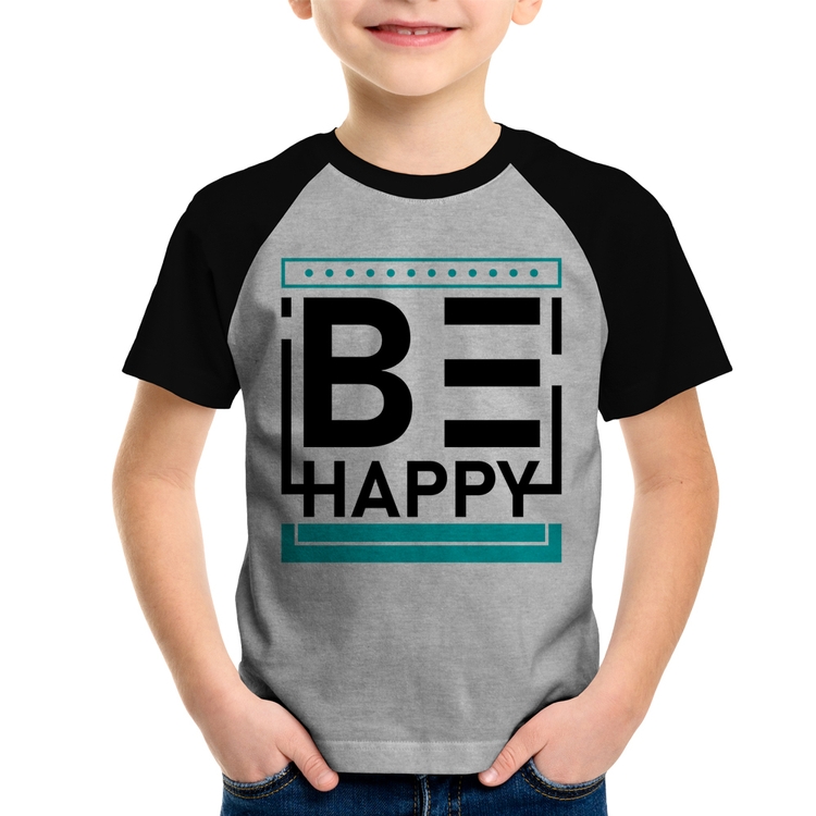 Camiseta Raglan Infantil Be Happy - Cinza/Preto