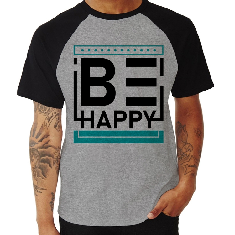 Camiseta Raglan Be Happy - Cinza/Preto