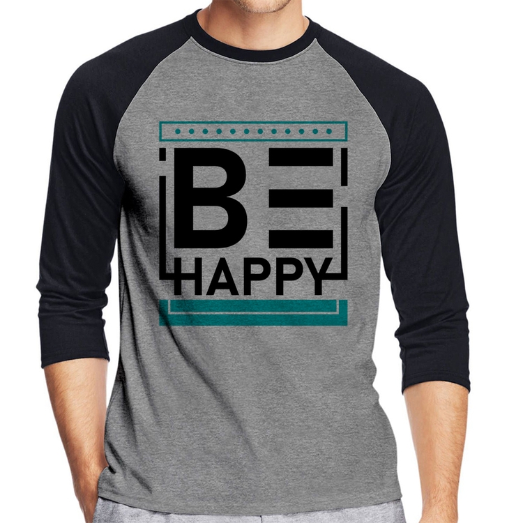 Camiseta Raglan Be Happy Manga 3/4 - Cinza/Preto