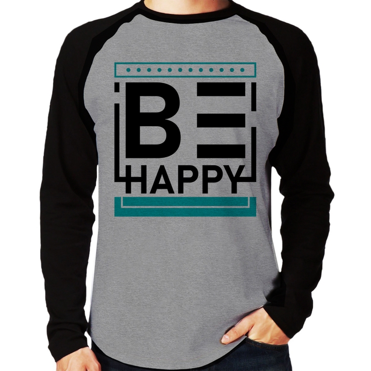 Camiseta Raglan Be Happy Manga Longa - Cinza/Preto