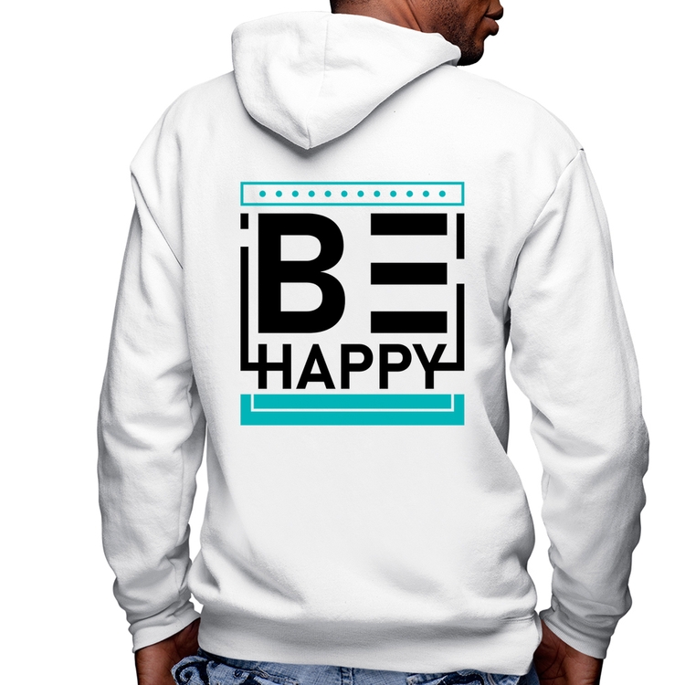 Blusa Moletom Be Happy Masculina com Capuz e Zíper - Branca