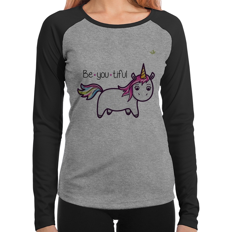 Baby Look Raglan Be You Tiful Manga Longa - Cinza/Preto