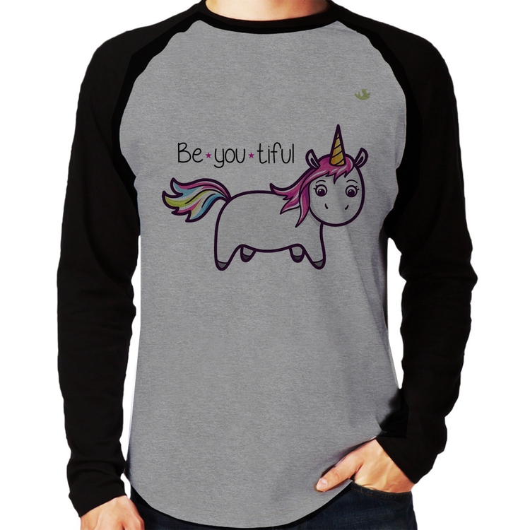 Camiseta Raglan Be You Tiful Manga Longa - Cinza/Preto