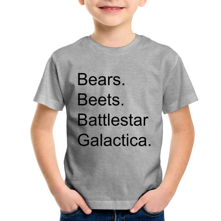 Camiseta Infantil Bears. Beets. Battlestar Galactica. - Cinza