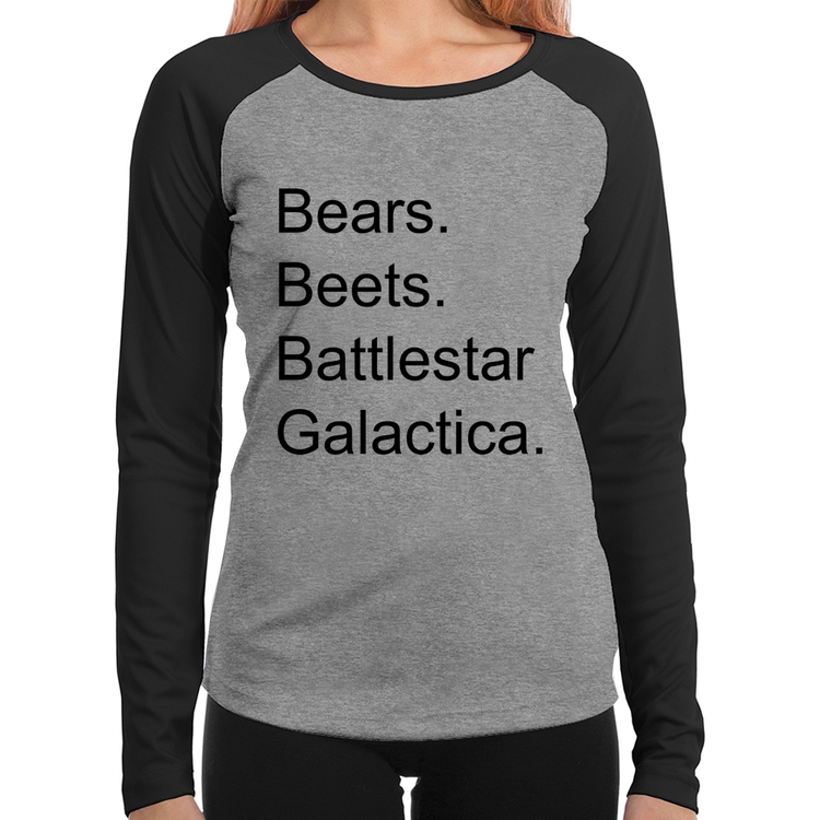 Baby Look Raglan Bears. Beets. Battlestar Galactica. Manga Longa - Cinza/Preto