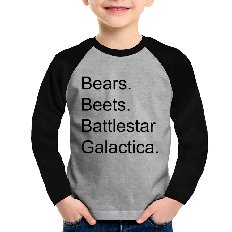 Camiseta Raglan Infantil Bears. Beets. Battlestar Galactica. Manga Longa - Cinza/Preto