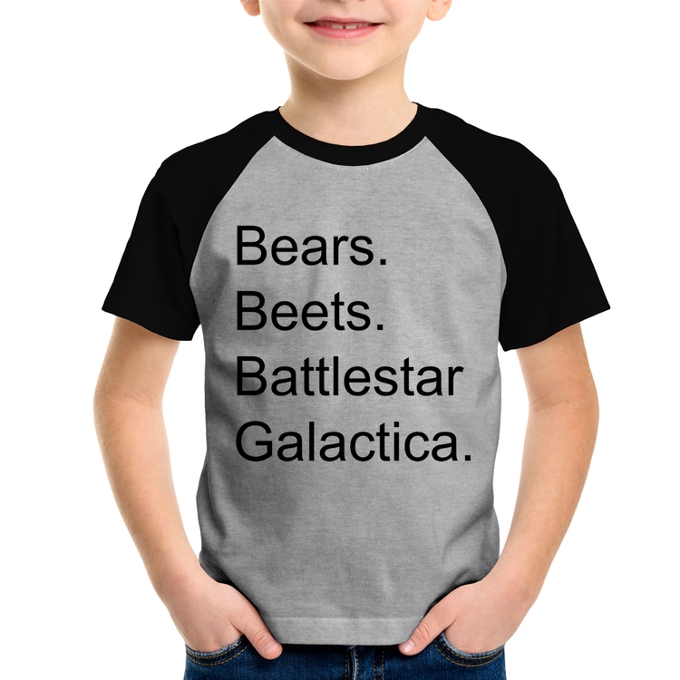 Camiseta Raglan Infantil Bears. Beets. Battlestar Galactica. - Cinza/Preto