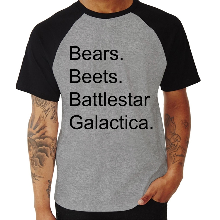 Camiseta Raglan Bears. Beets. Battlestar Galactica. - Cinza/Preto