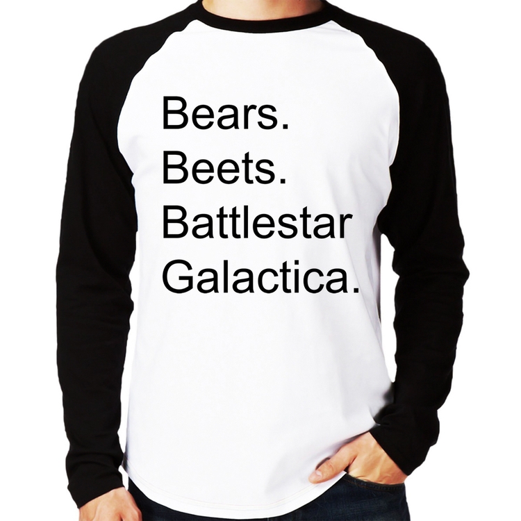 Camiseta Raglan Bears. Beets. Battlestar Galactica. Manga Longa