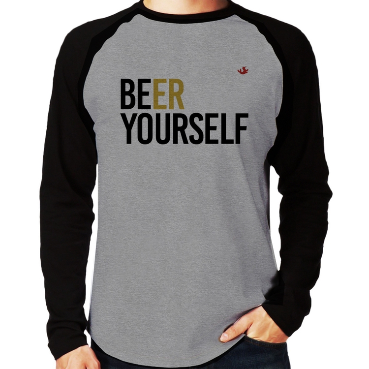 Camiseta Raglan Beer Yourself Manga Longa - Cinza/Preto