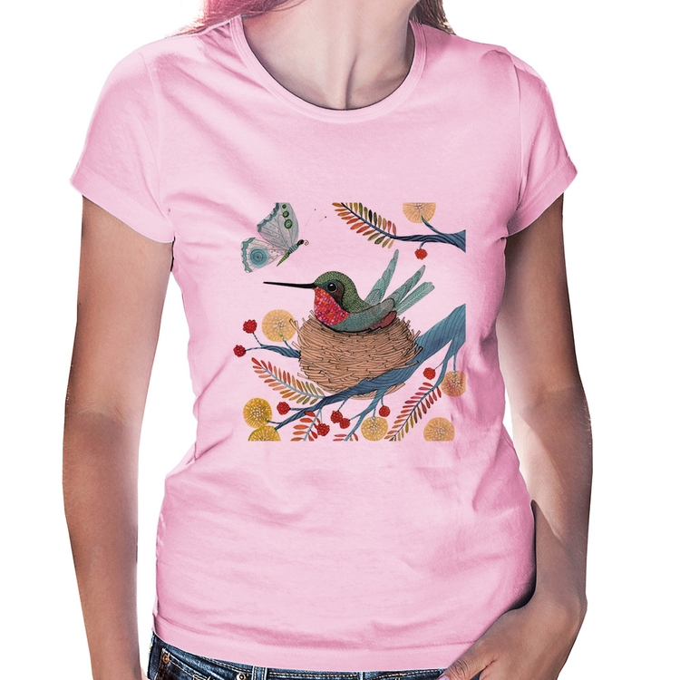 Baby Look Beija Flor No Ninho - Rosa Bebê