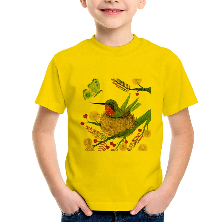 Camiseta Infantil Beija Flor No Ninho - Amarela