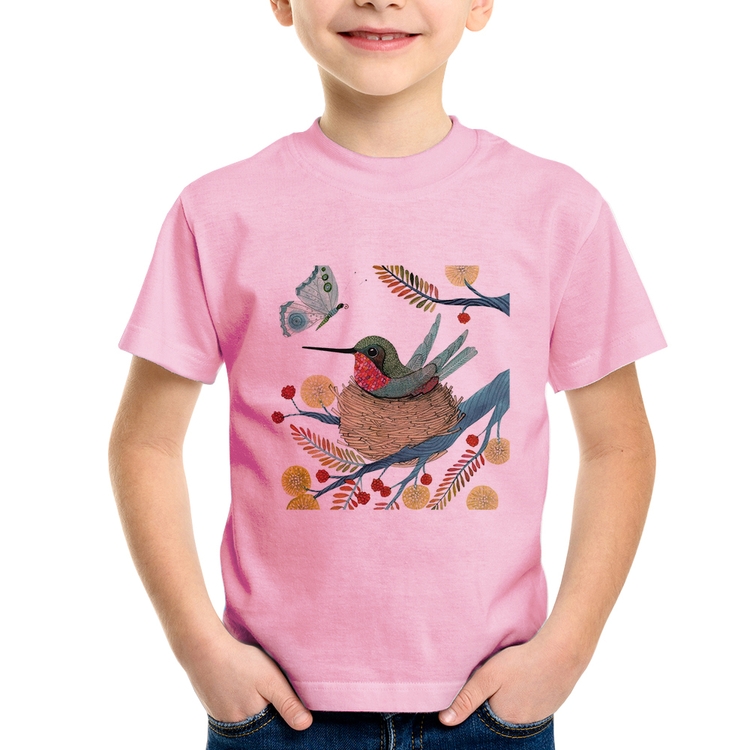 Camiseta Infantil Beija Flor No Ninho - Rosa Bebê