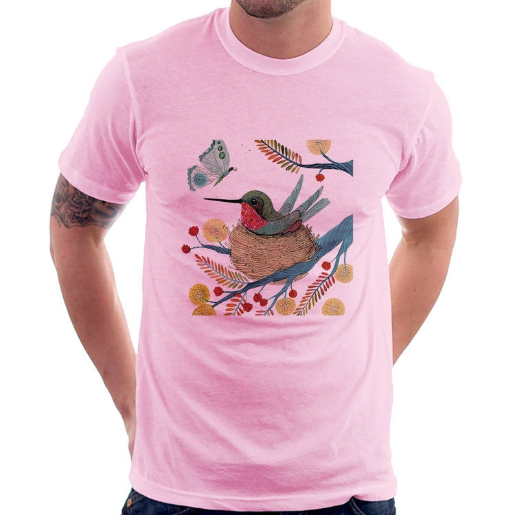 Camiseta Beija Flor No Ninho - Rosa Bebê