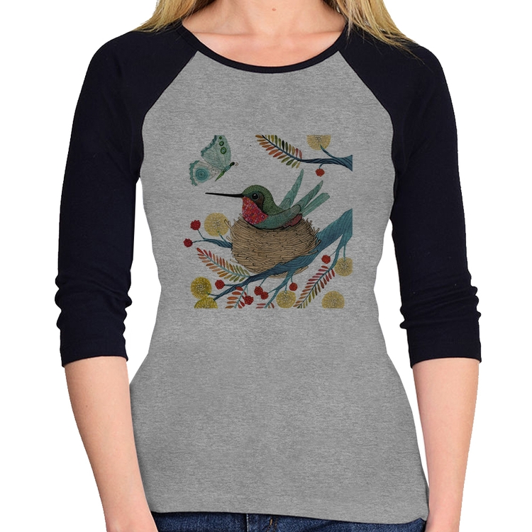 Baby Look Raglan Beija Flor No Ninho Manga 3/4 - Cinza/Preto