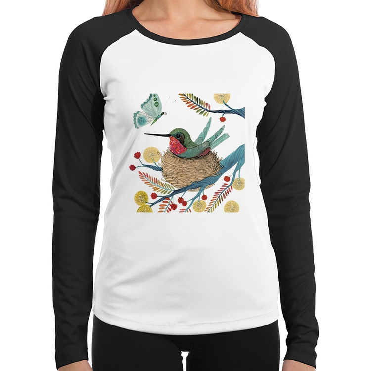 Baby Look Raglan Beija Flor No Ninho Manga Longa