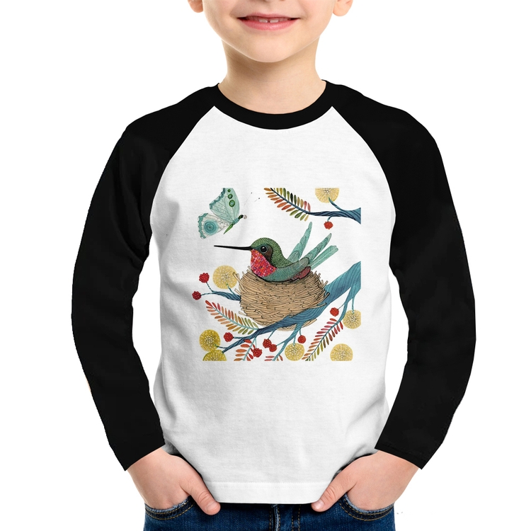 Camiseta Raglan Infantil Beija Flor No Ninho Manga Longa