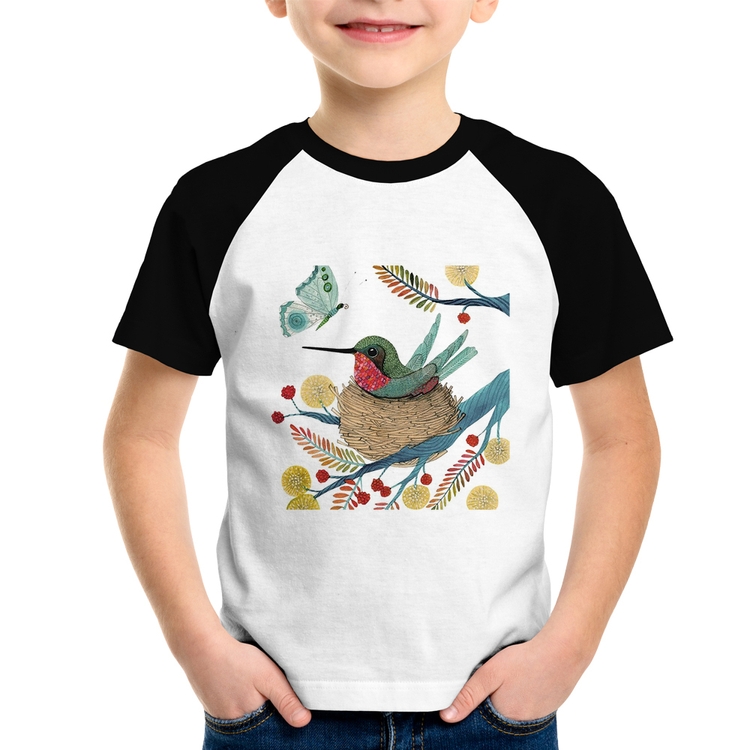 Camiseta Raglan Infantil Beija Flor No Ninho