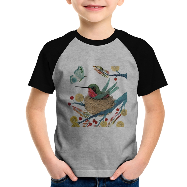 Camiseta Raglan Infantil Beija Flor No Ninho - Cinza/Preto