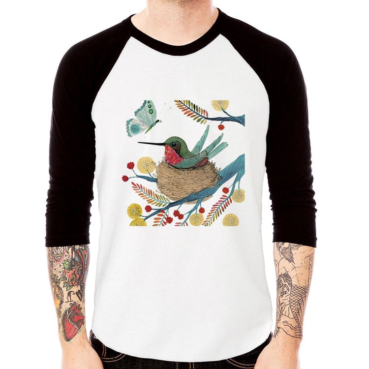 Camiseta Raglan Beija Flor No Ninho Manga 3/4