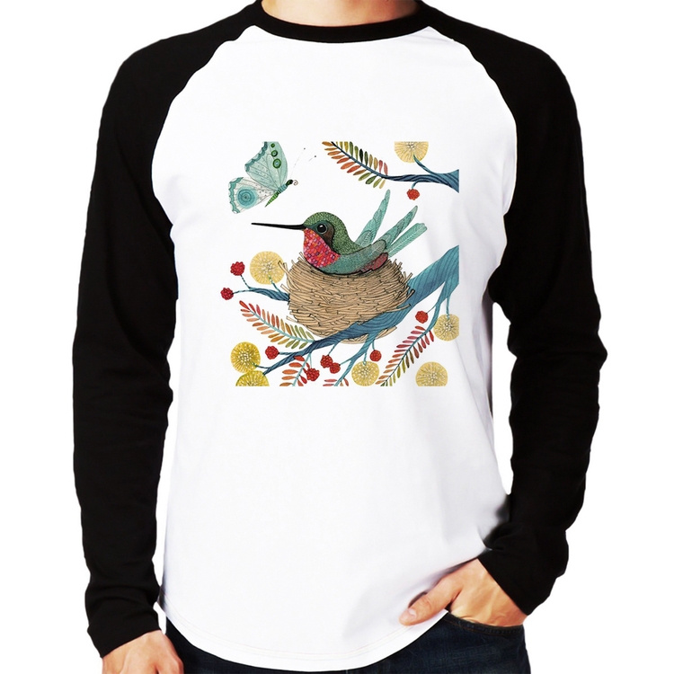 Camiseta Raglan Beija Flor No Ninho Manga Longa