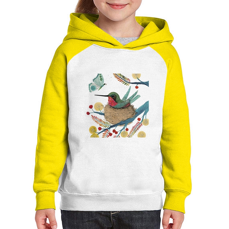 Moletom Infantil Beija Flor No Ninho - Branco/Amarelo