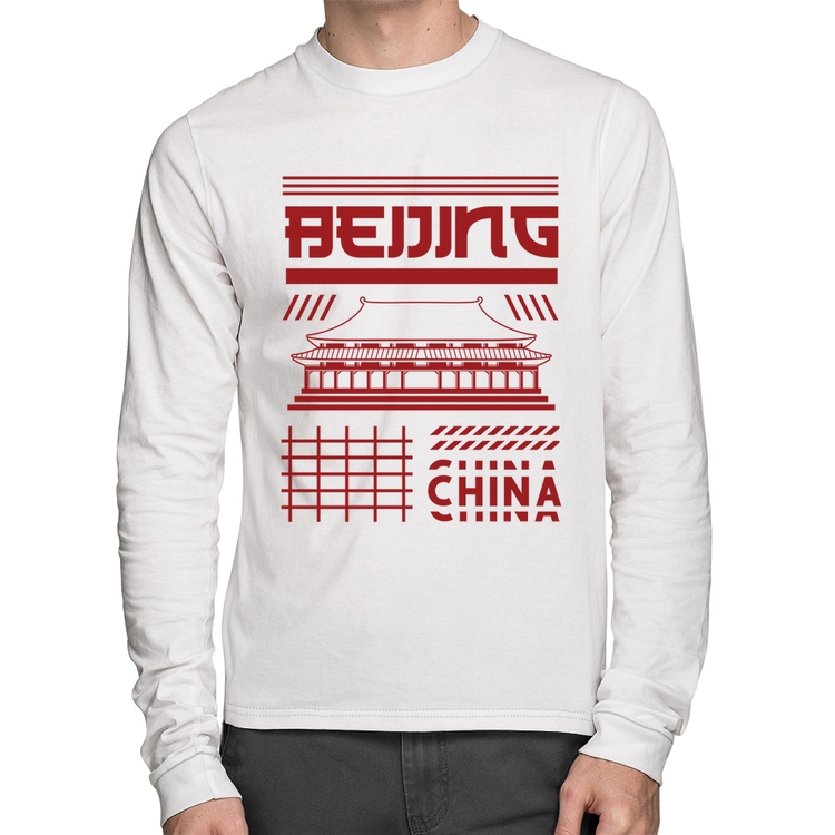 Camiseta Algodão Pequim China  Manga Longa - Branca