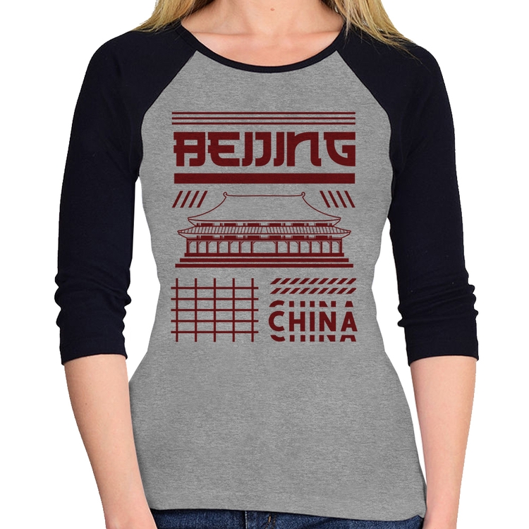 Baby Look Raglan Pequim China  Manga 3/4 - Cinza/Preto