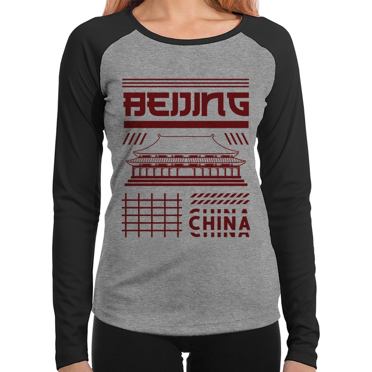 Baby Look Raglan Pequim China  Manga Longa - Cinza/Preto