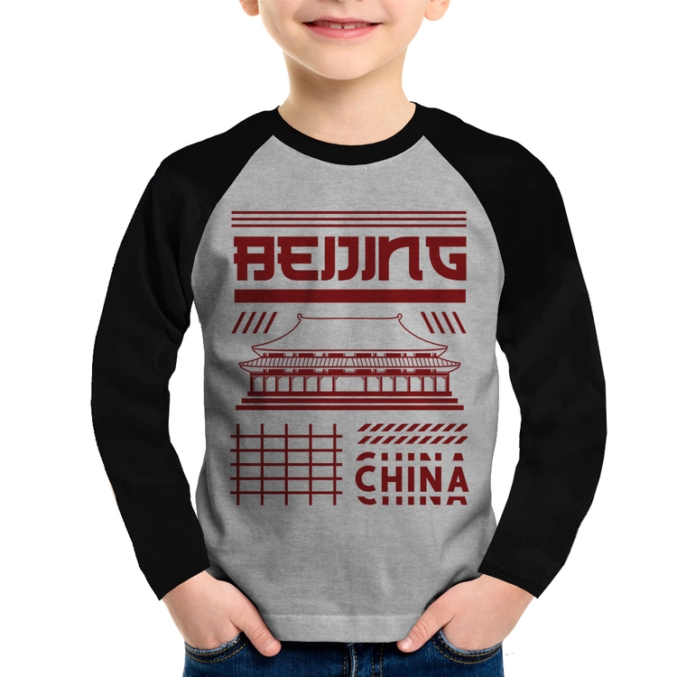 Camiseta Raglan Infantil Pequim China  Manga Longa - Cinza/Preto