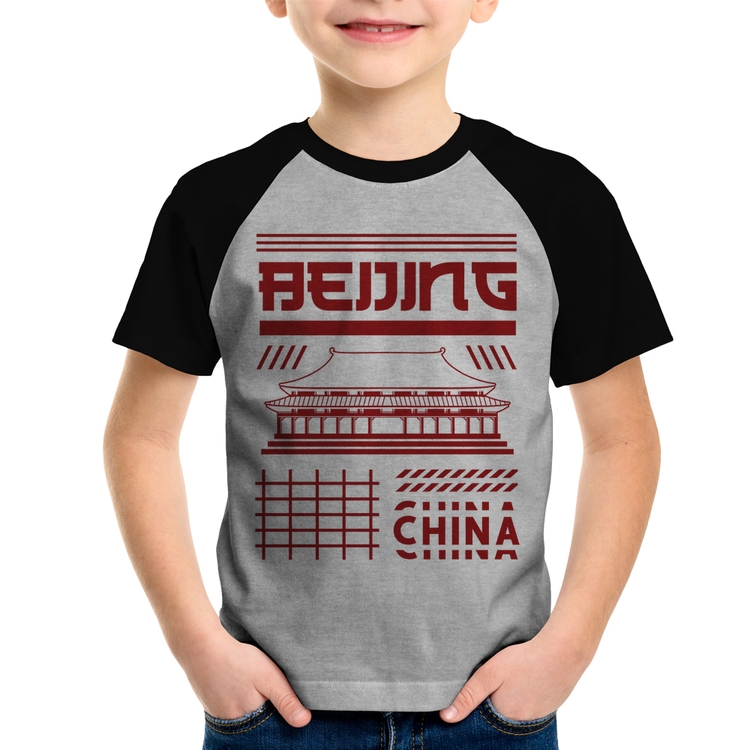 Camiseta Raglan Infantil Pequim China  - Cinza/Preto
