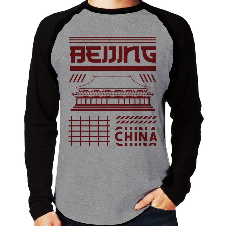 Camiseta Raglan Pequim China  Manga Longa - Cinza/Preto