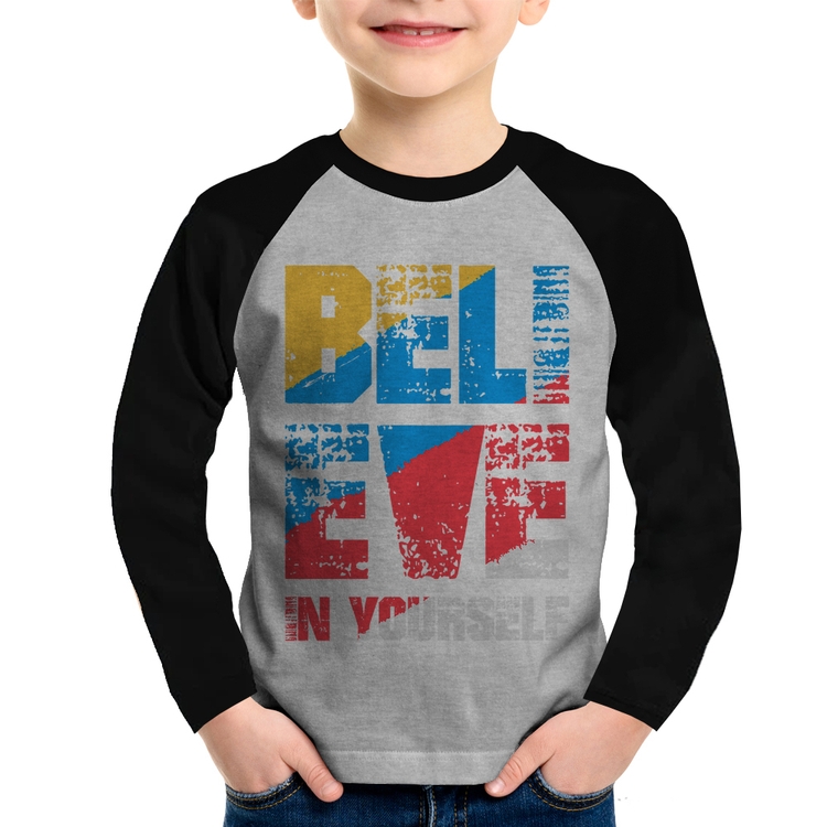 Camiseta Raglan Infantil Believe In Yourself Manga Longa - Cinza/Preto